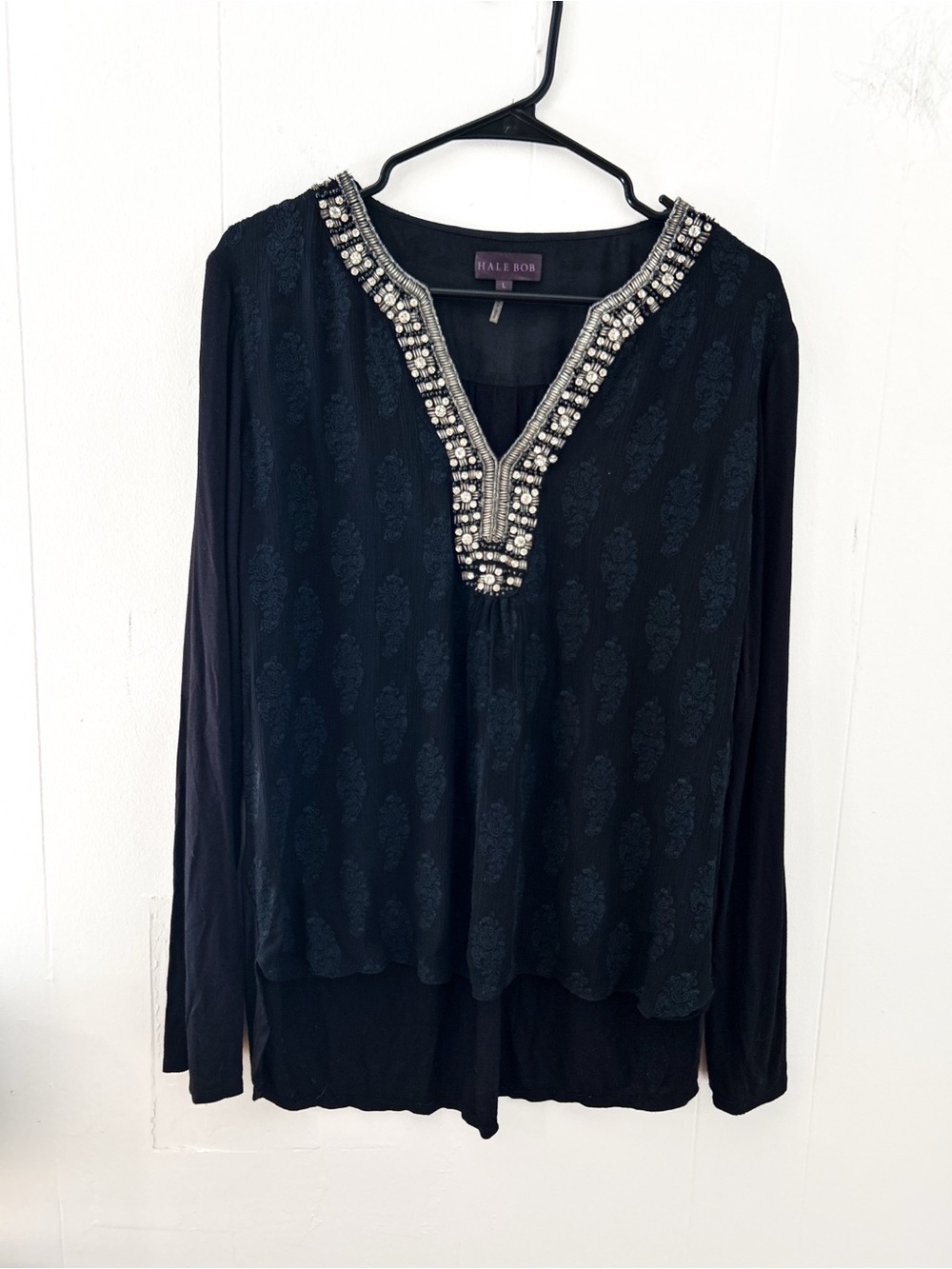 Hale Bob Black Beaded Silk Chiffon Knit Blouse Top Size L
